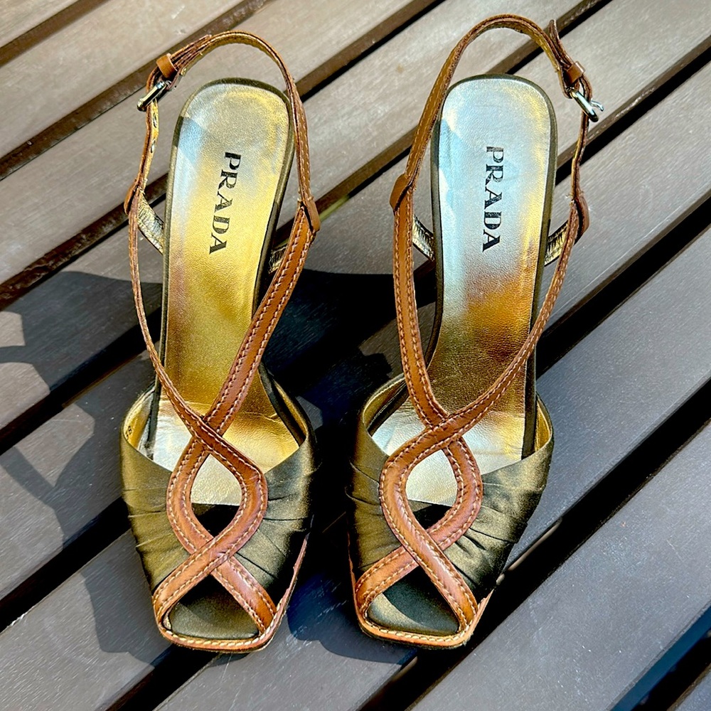 PRADA sage/ Olive green and cognac brown, beautiful satin, Wood heels size 8, 38